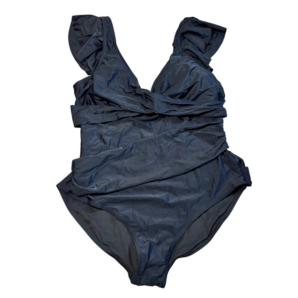 B2PRITY Womens Black Ruffle‎ One Piece Swimsuit Ruched Tummy Control 2XL New